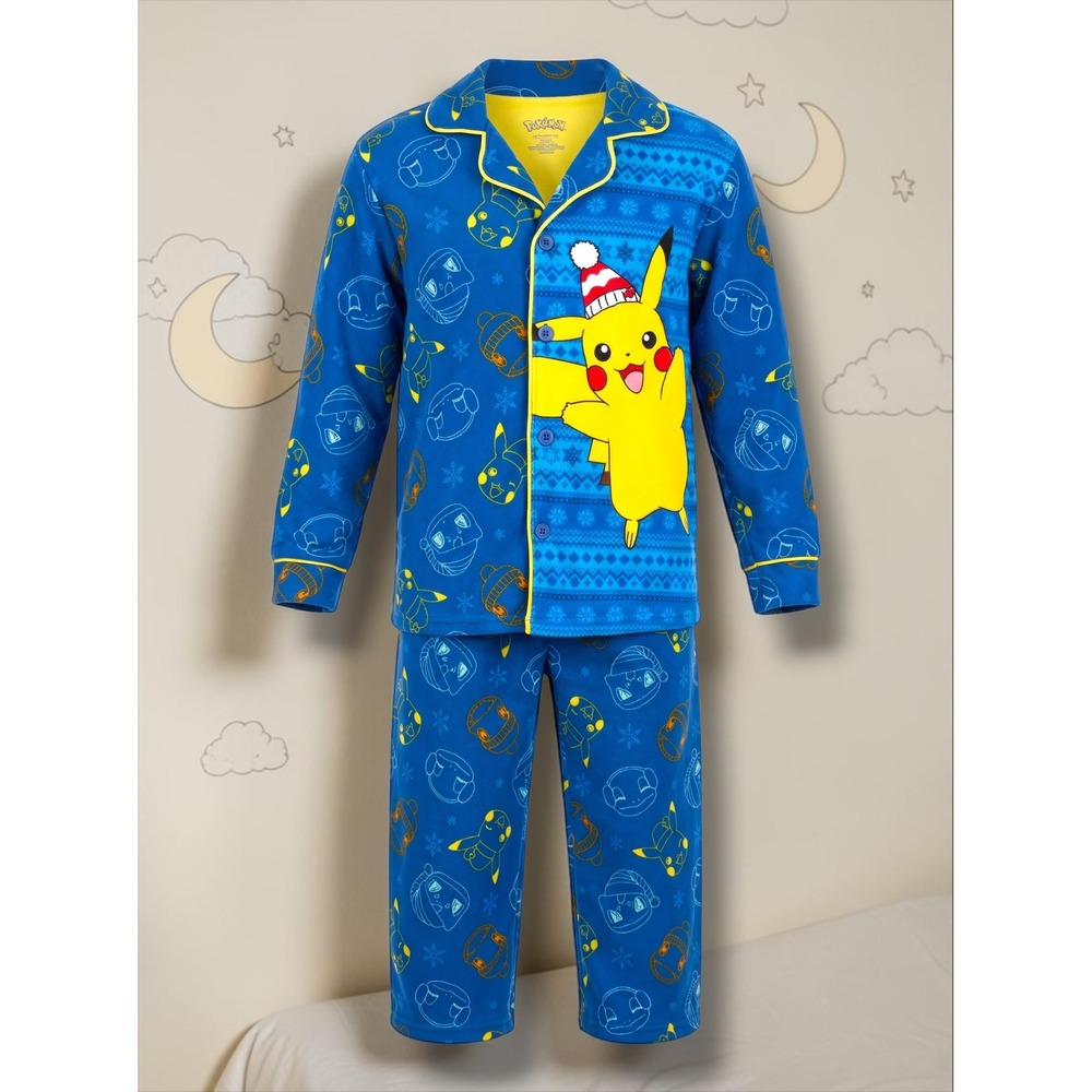 Pokemon Pikachu Festive Character Print Button Down Pajama Set Kids Size 6/7